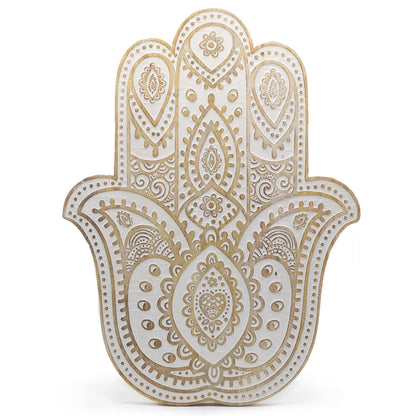 Hamsa-Wandplakette aus Mangoholz – weiß getüncht, 52 cm