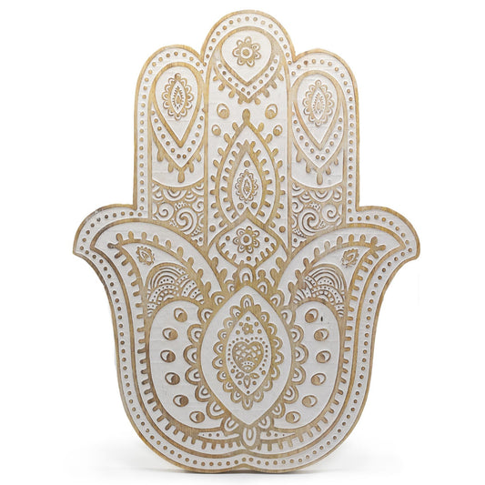 Hamsa-Wandplakette aus Mangoholz – weiß getüncht, 52 cm
