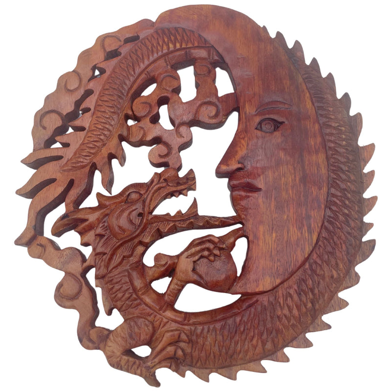Moon Dragon - Hand-Carved Wooden Wall Art