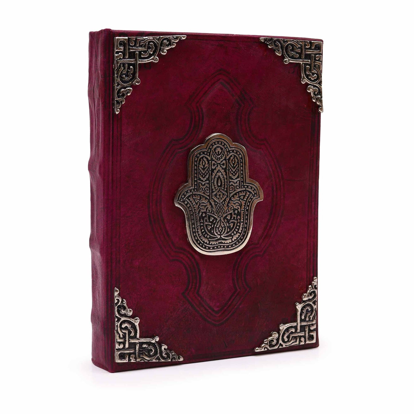 Schweres rotbraunes Buch – Zink-Hamsa-Dekor – 200 Seiten mit Büttenrand – 26 x 18 cm