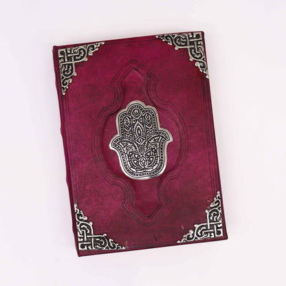 Schweres rotbraunes Buch – Zink-Hamsa-Dekor – 200 Seiten mit Büttenrand – 26 x 18 cm