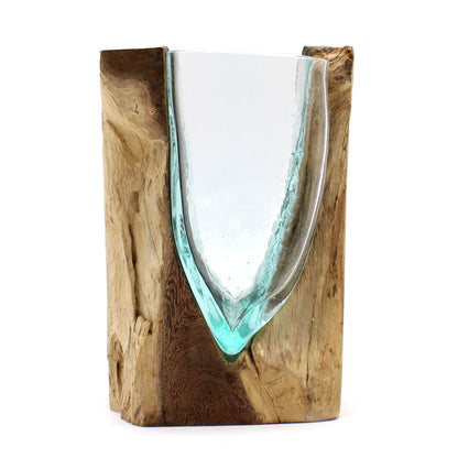 V-Shaped Art Vase – Hand-Blown Molten Glass on Wood