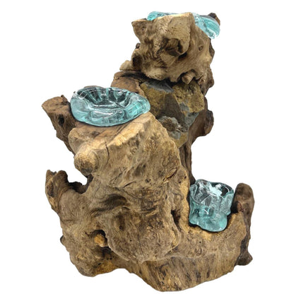 Triple Candle Holder – Hand-Blown Molten Glass on Wood
