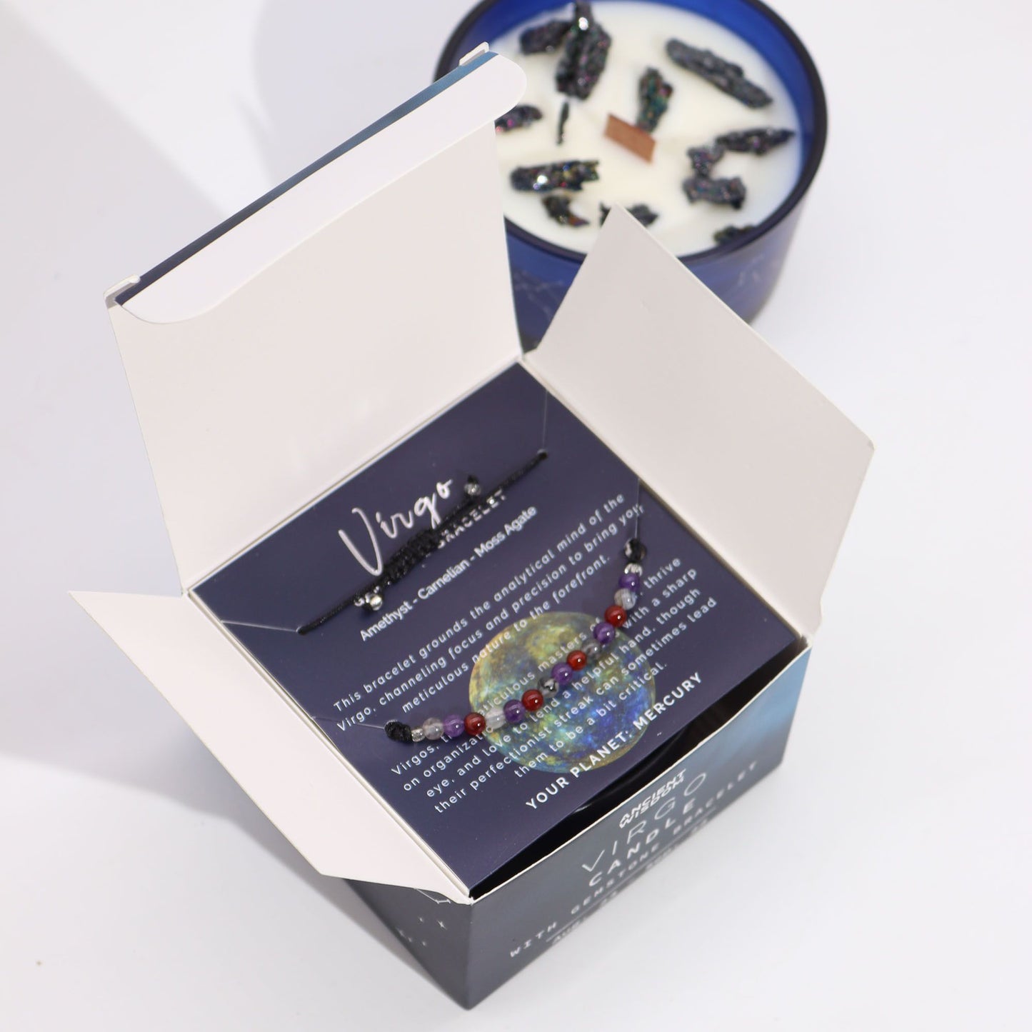 Sternzeichen-Kristallkerze mit Edelsteinarmband – Jungfrau