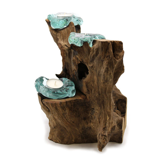 Triple Candle Holder – Hand-Blown Molten Glass on Wood