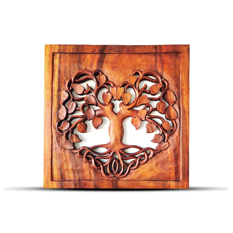 Heart Square Tree of Life - Hand-Carved Wooden Wall Art