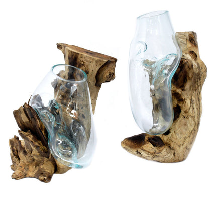Hanging Bowl – Hand-Blown Molten Glass on Wood