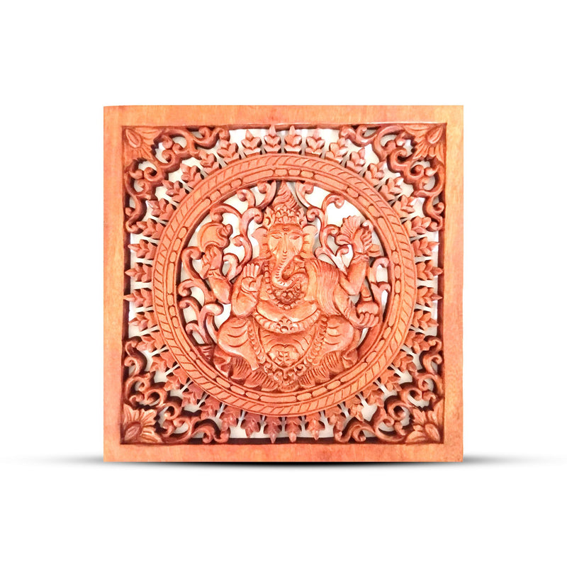 Square Ganesh - Hand-Carved Wooden Wall Art
