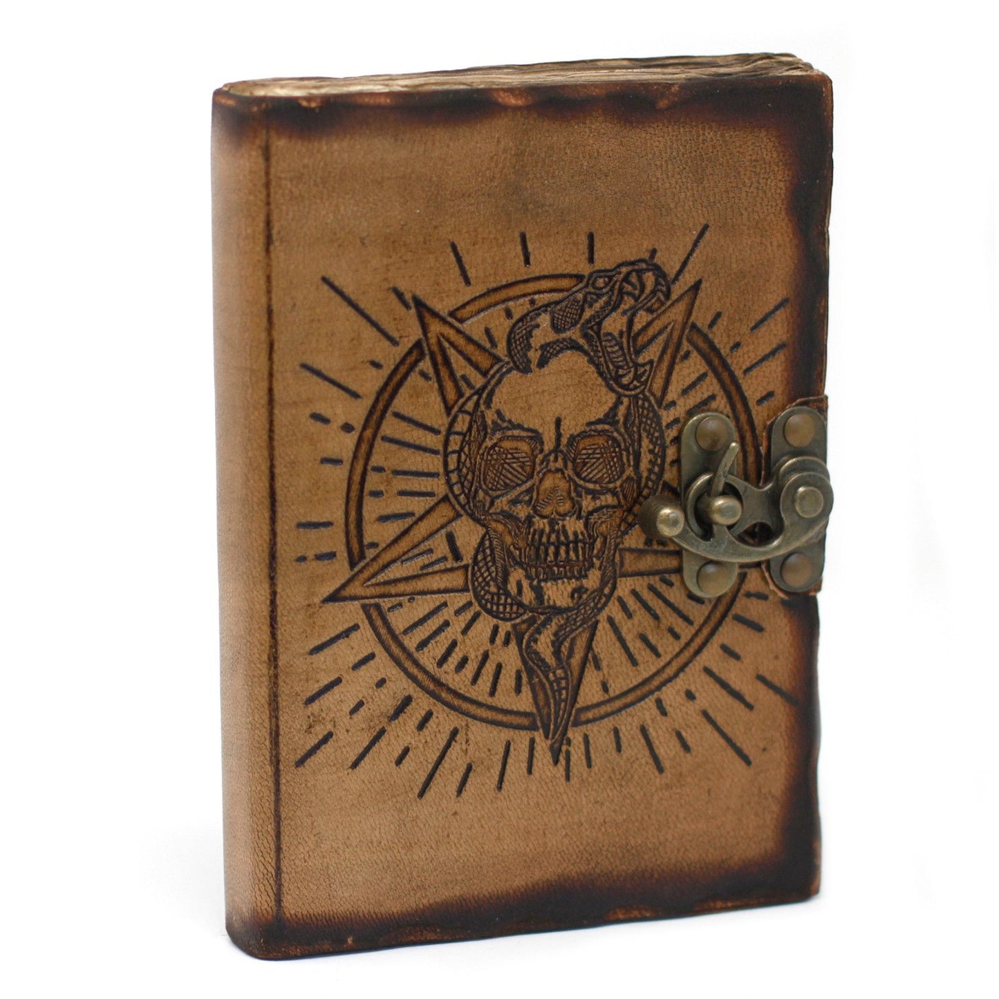Notizbuch aus Leder mit Pentagon- und Totenkopfmotiv und Brandnarbenmuster (18x13 cm)