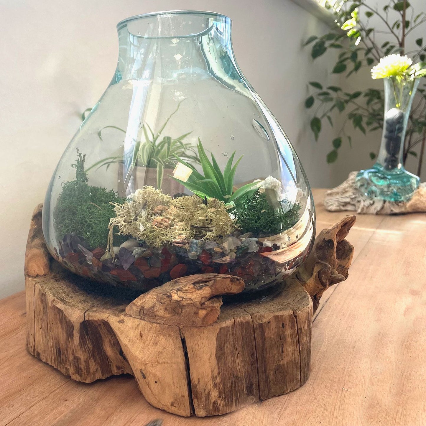 Large Terrarium Bowl with LED – Hand-Blown Molten Glass on Wood