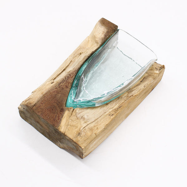V-Shaped Art Vase – Hand-Blown Molten Glass on Wood