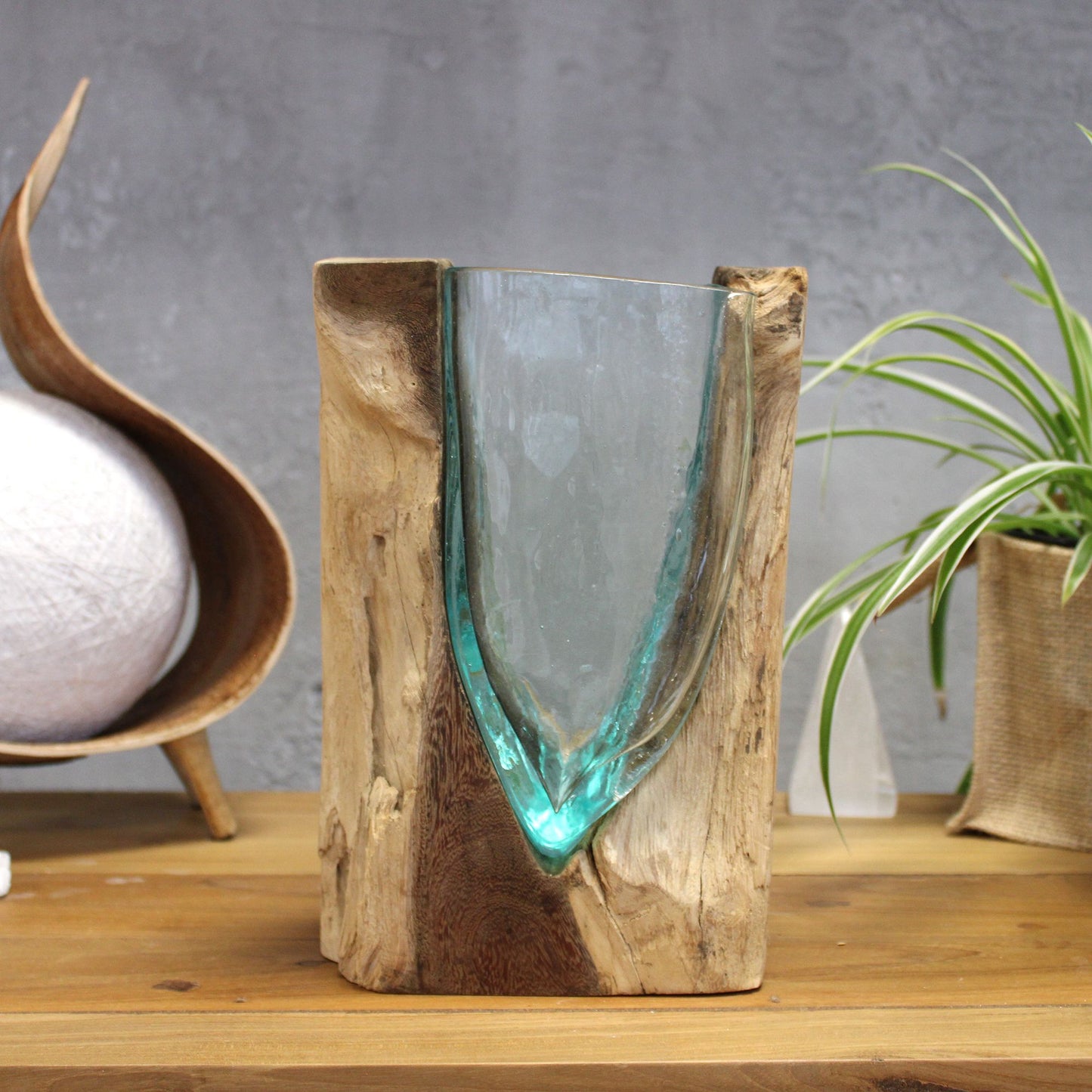 V-Shaped Art Vase – Hand-Blown Molten Glass on Wood