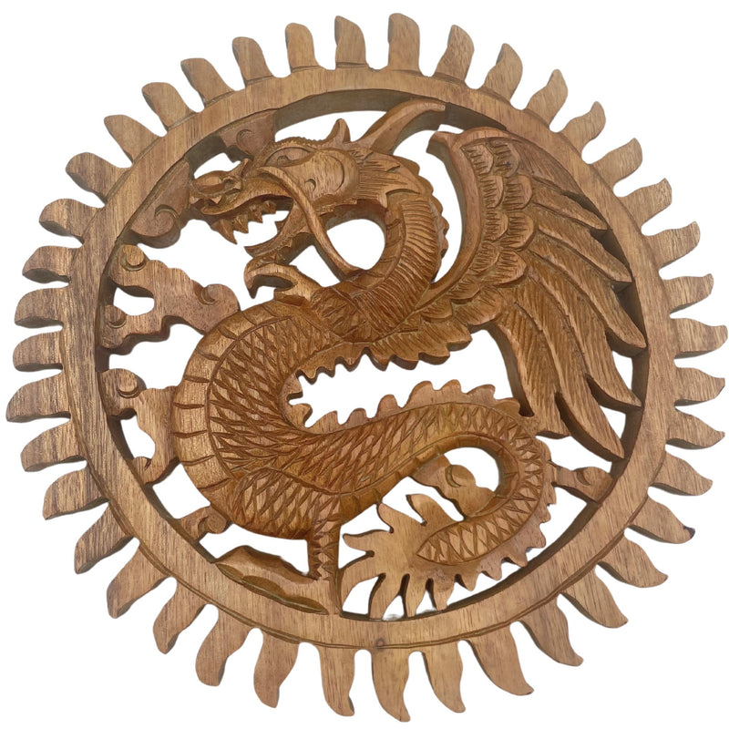 Winged Sun Dragon - Hand-Carved Wooden Wall Art