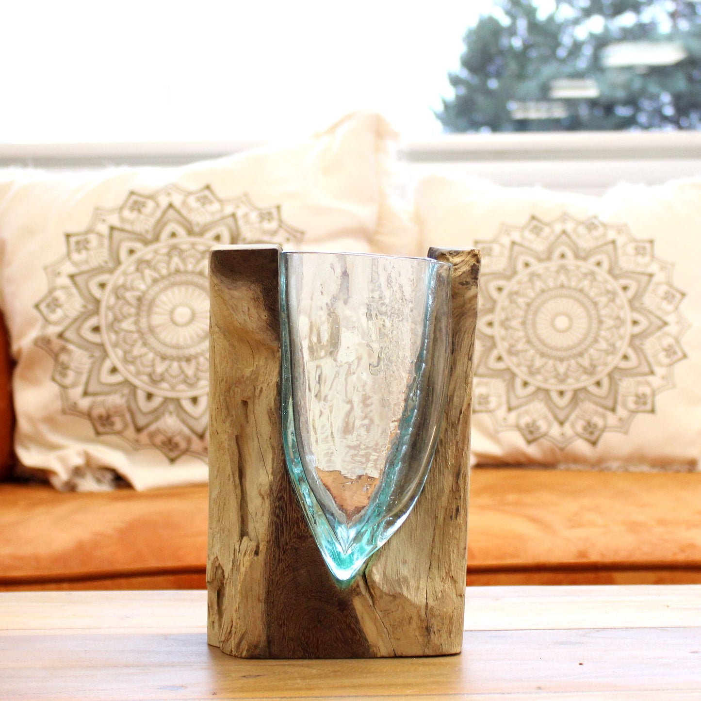 V-Shaped Art Vase – Hand-Blown Molten Glass on Wood