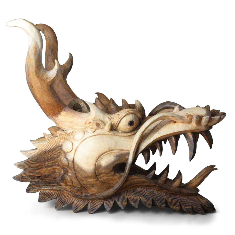 Dragon Head Carving - Hand-Carved Wooden Wall Art