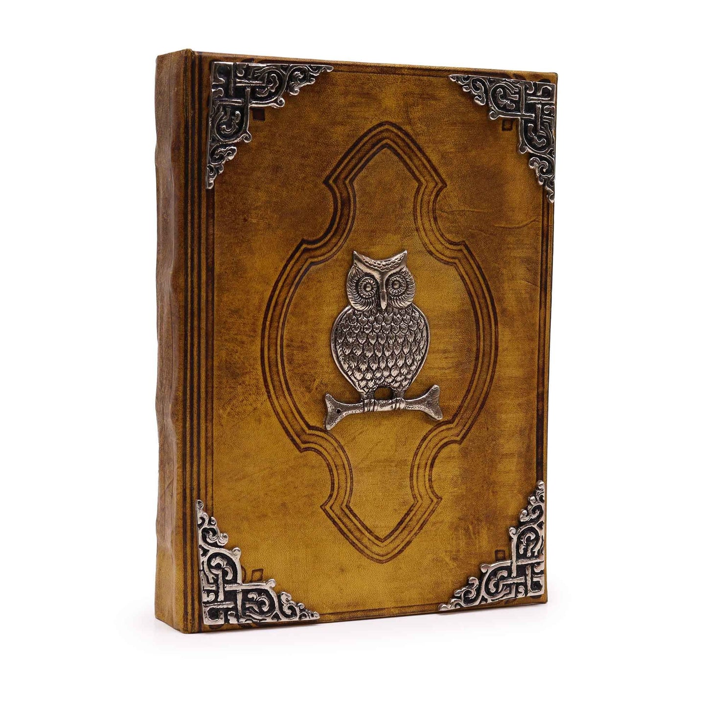 Schweres Notizbuch in Kaffeebraun – Zink-Eulen-Dekor – 200 Seiten mit Büttenrand – 26 x 18 cm