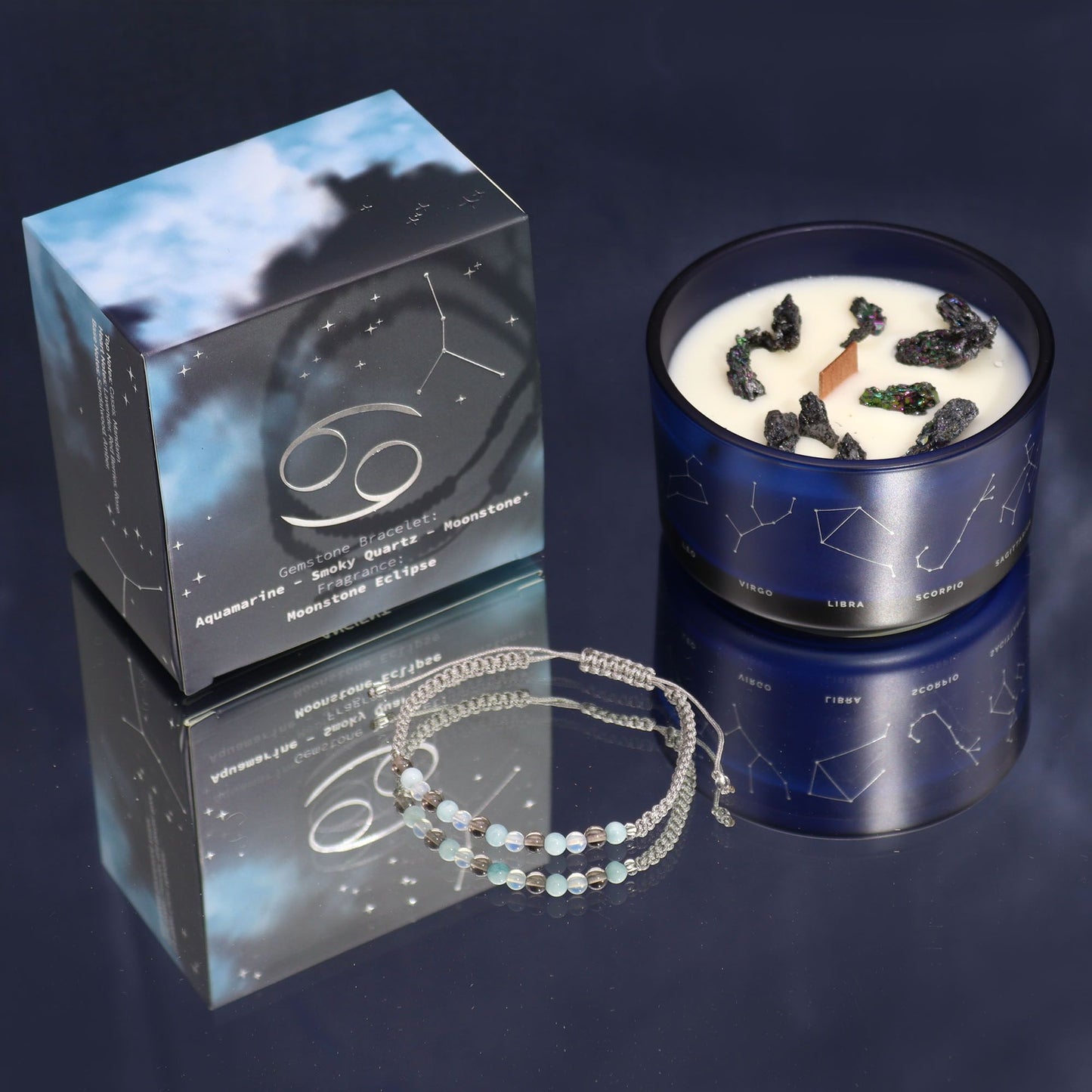 Sternzeichen-Kristallkerze mit Edelsteinarmband – Krebs