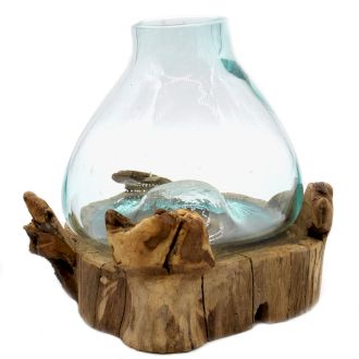Large Terrarium Bowl with LED – Hand-Blown Molten Glass on Wood
