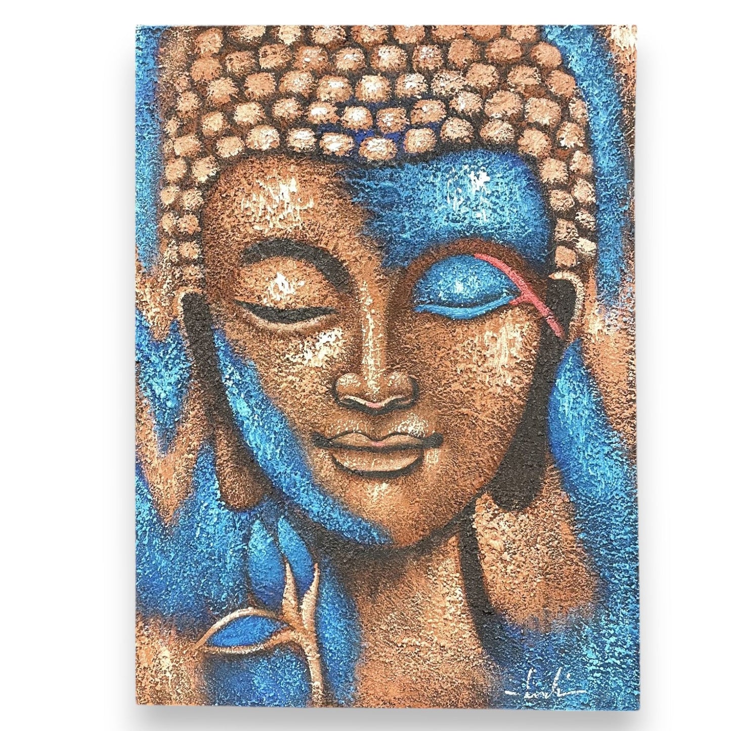 Buddha aus Bronze und blauer Blume